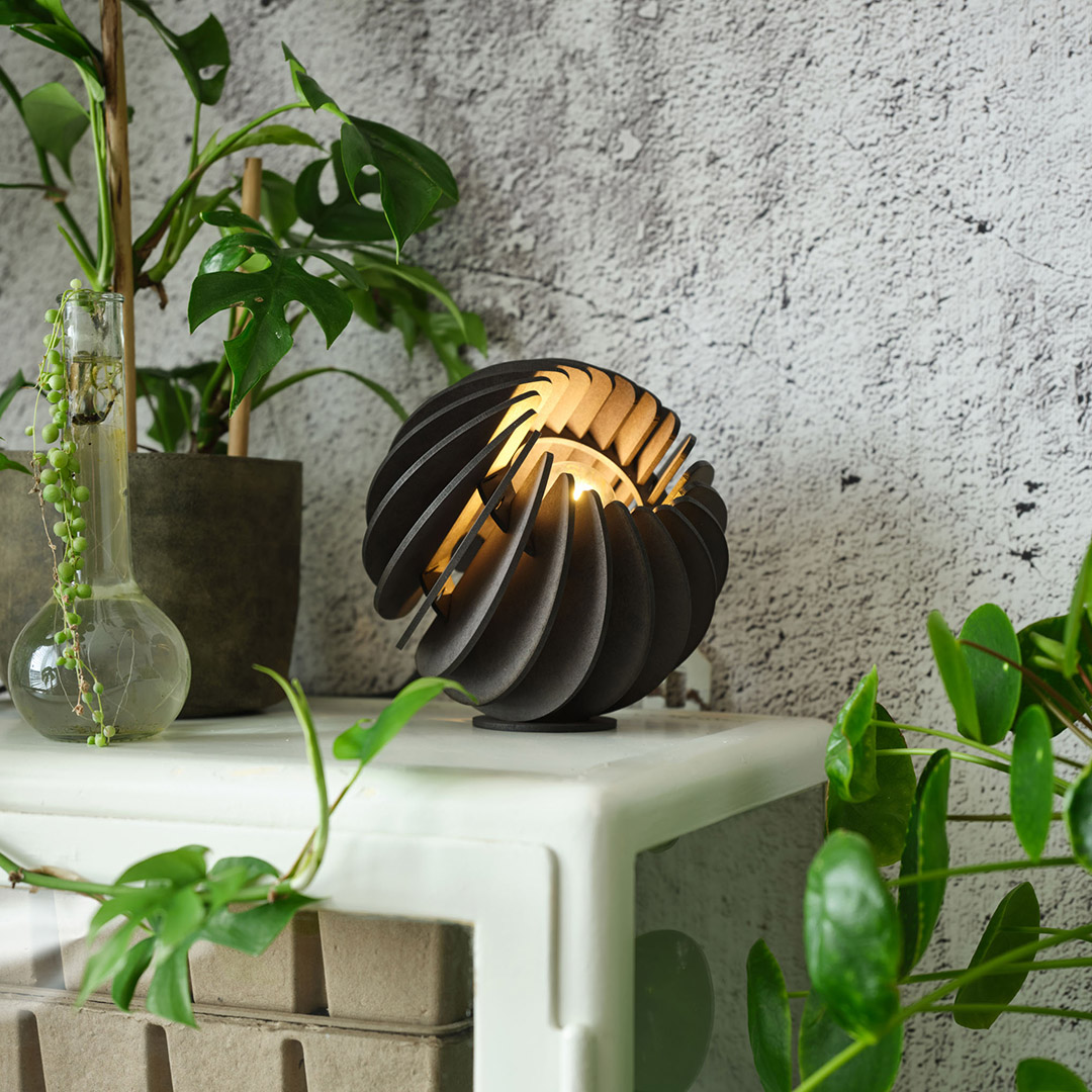 Atmosphere table lamp made from laser-cut MDF